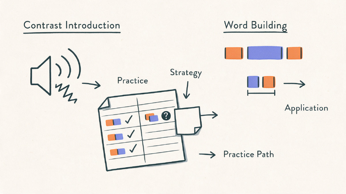 Diagram of a Morse learning loop from listening to short sounds, writing answers, reviewing errors, and forming spaced word groups.